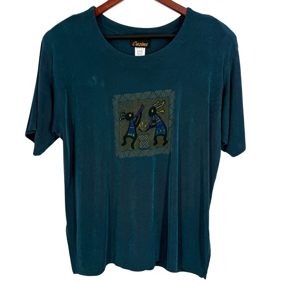 Cuzins ONE SIZE (Large) Stretchy Slinky Fabric Kokopelli Sedona Blouse Shirt Top